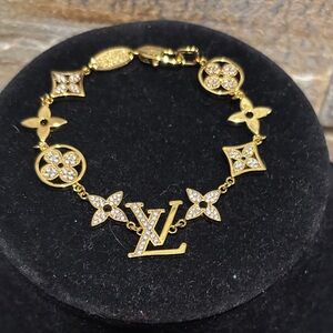 Gold Designer LV Bracelet with Crystal Details